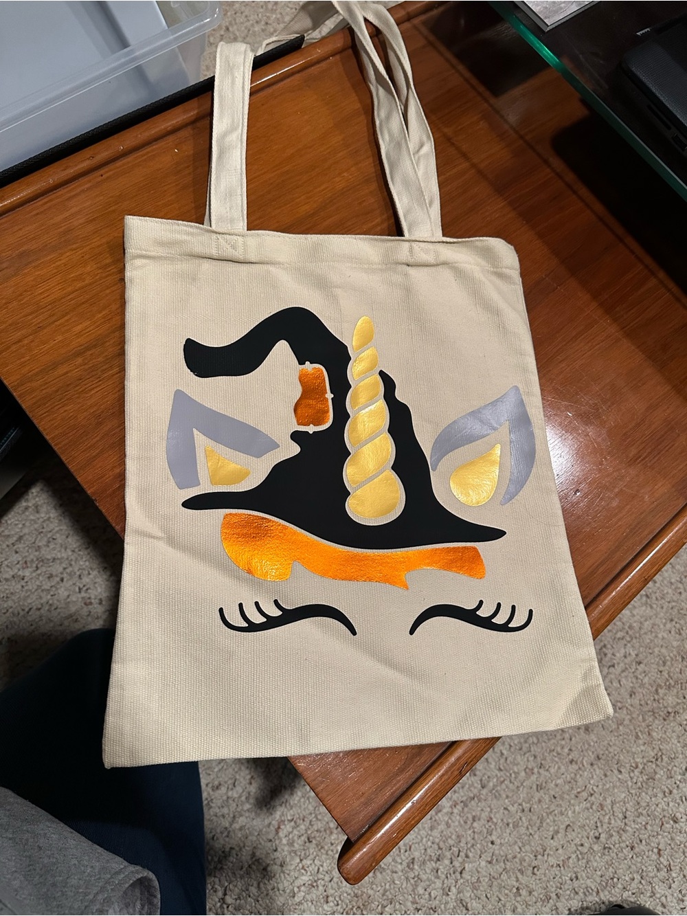 Unicorn Witch Canvas Tote in Cream with Metallic Gold & Orange